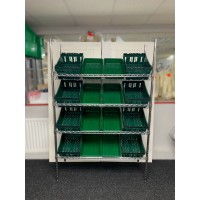Chrome Wire Sloping Shelving Unit With 8 Small, 8 Deep Trays